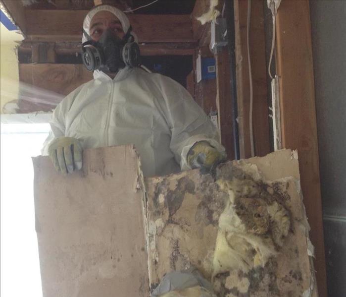 man in a white suite is carrying drywall with mold 